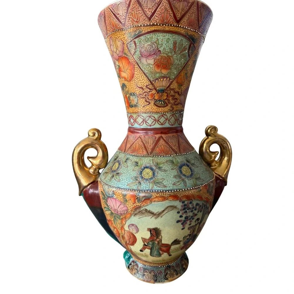 Vintage Satsuma Moriage Vase Large 18 Inch Gold Handles Japanese Ceramic Floral